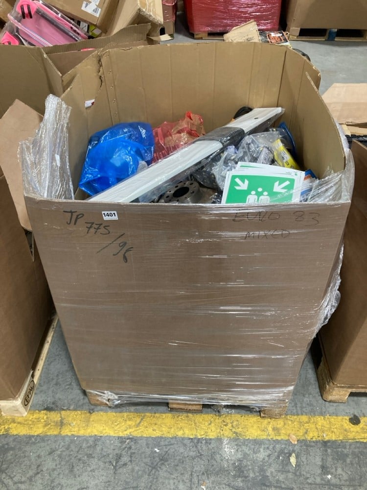 PALLET OF ASSORTED ITEMS TO INCLUDE ASSEMBLY POINT SIGNS (KERBSIDE PALLET DELIVERY)