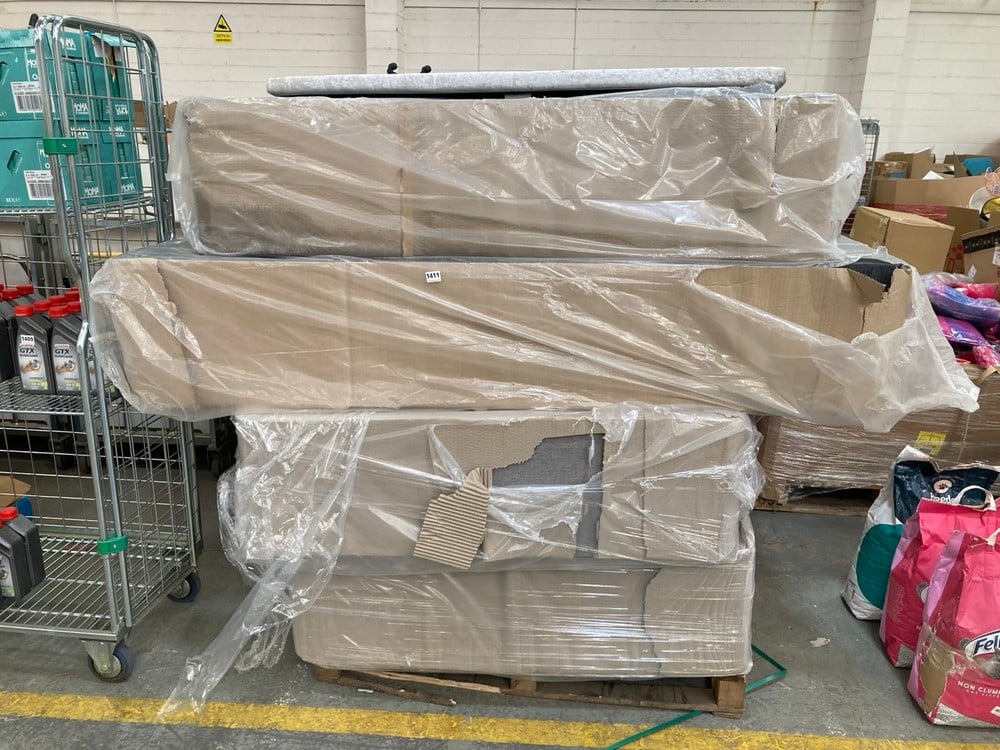 PALLET OF ASSORTED BED ITEMS / PARTS TO INCLUDE VELVET BED BASE APPROX 90 X 190CM IN DARK GREY (KERBSIDE PALLET DELIVERY) (KERBSIDE PALLET DELIVERY)