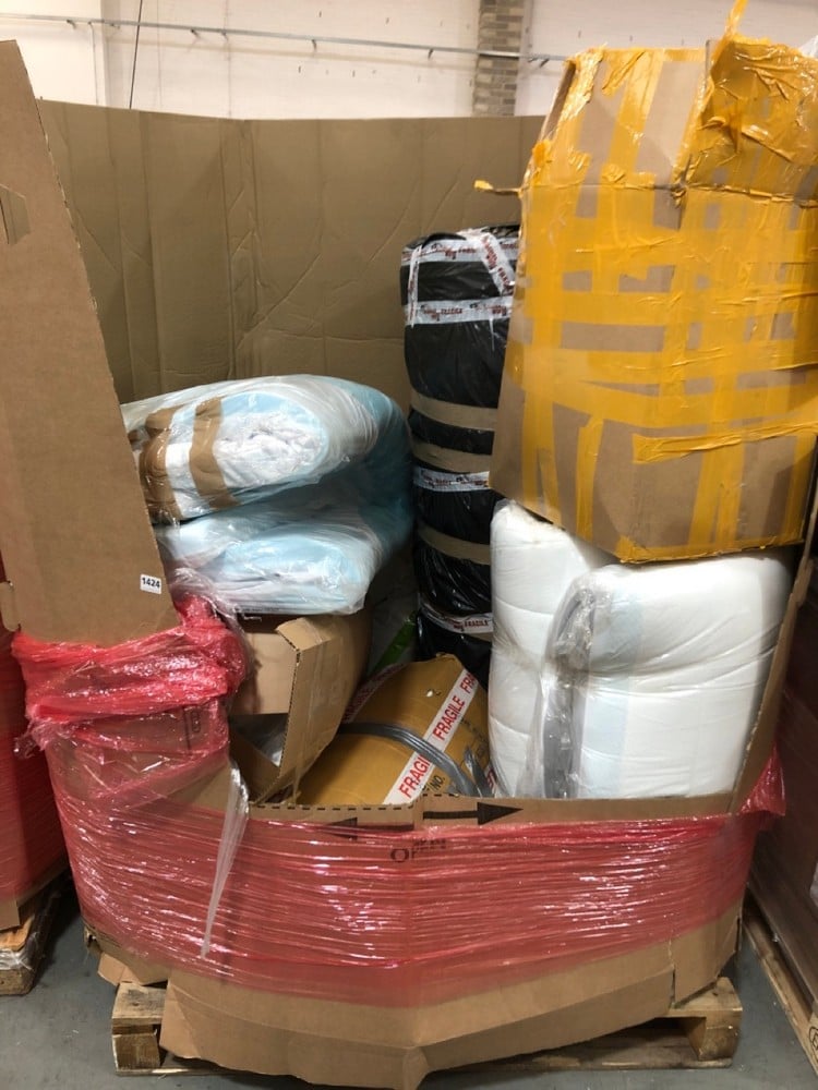 PALLET OF ASSORTED ITEMS TO INCLUDE ROLLED WHITE MATTRESS - SIZE (KERBSIDE PALLET DELIVERY)