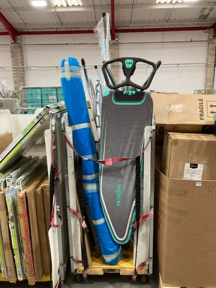 CAGE OF ASSORTED ITEMS TO INCLUDE PROBREEZE IRONING BOARD (CAGE NOT INCLUDED) (KERBSIDE PALLET DELIVERY)