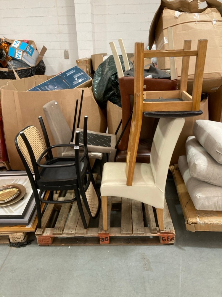 PALLET OF ASSORTED DINING CHAIRS TO INCLUDE WHITE FAUX LEATHER DINING CHAIR (KERBSIDE PALLET DELIVERY)