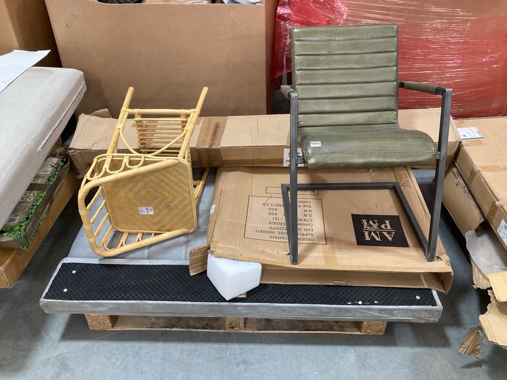 PALLET OF ASSORTED HOME FURNITURE TO INCLUDE BEDSIDE TABLE IN NATURAL RATTAN (KERBSIDE PALLET DELIVERY)