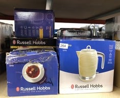 QUANTITY OF KITCHEN & APPLIANCES ITEMS TO INCLUDE RUSSELL HOBBS INSPIRE ELECTRIC 1.7L CORDLESS KETTLE (FAST BOIL 3KW, CREAM PREMIUM TEXTURED PLASTIC, HIGH GLOSS FINISH, REMOVABLE WASHABLE ANTI-SCALE