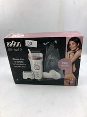 QTY OF ITEMS TO INCLUDE BRAUN SILK EPIL 9 EPILATOR HAIR REMOVAL, INCLUDES FACIAL CLEANSING BRUSH HIGH FREQUENCY MASSAGE CAP SHAVER AND TRIMMER HEAD, CORDLESS, WET & DRY, 100% WATERPROOF, UK 2 PIN PLU