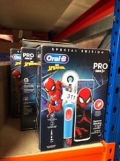 QUANTITY OF HEALTH & BEAUTY ITEMS TO INCLUDE ORAL-B PRO KIDS ELECTRIC TOOTHBRUSH, 1 TOOTHBRUSH HEAD, X4 SPIDERMAN STICKERS, 1 TRAVEL CASE, 2 MODES WITH KID-FRIENDLY SENSITIVE MODE, FOR AGES 3+, 2 PIN