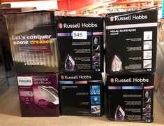 QUANTITY OF KITCHEN & APPLIANCES ITEMS TO INCLUDE RUSSELL HOBBS PEARL GLIDE STEAM IRON, PEARL INFUSED CERAMIC SOLEPLATE FOR SMOOTHER GLIDE, 315ML WATER TANK, 150G STEAM SHOT, 40G CONTINUOUS STEAM, AN