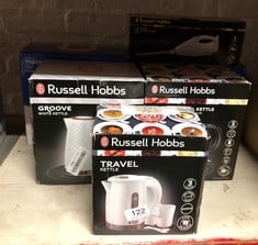 QUANTITY OF KITCHEN & APPLIANCES ITEMS TO INCLUDE RUSSELL HOBBS ELECTRIC 0.85L TRAVEL KETTLE, SMALL & COMPACT, DUAL VOLTAGE, IDEAL FOR ABROAD/CARAVAN/CAMPING, INC 2 CUPS & SPOONS, REMOVABLE WASHABLE