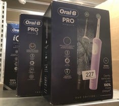 QUANTITY OF HEALTH & BEAUTY ITEMS TO INCLUDE ORAL-B VITALITY PRO 2X ELECTRIC TOOTHBRUSHES FOR ADULTS, 2 TOOTHBRUSH HEADS, 3 BRUSHING MODES INCLUDING SENSITIVE PLUS, 2 PIN UK PLUG, BLACK & PURPLE: LOC