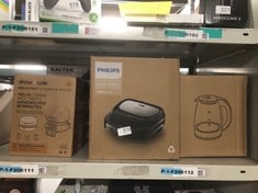 QUANTITY OF KITCHEN & APPLIANCES ITEMS TO INCLUDE PHILIPS 5000 SERIES SANDWICH MAKER - 3 PLATE SETS FOR PANINIS, SANDWICHES, AND WAFFLES. NONSTICK GRILL PLATES. CUT-AND-SEAL. 750W POWER. BLACK (HD 23