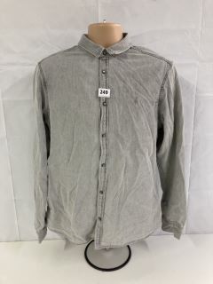 ALL SAINTS GLEASON PRESS STUD RAMSKULL DENIM SHIRT - GREY - SIZE:M - RRP.£99