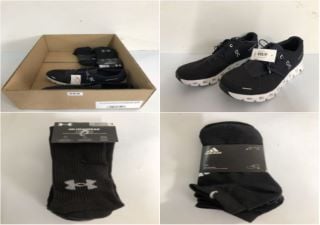 BOX OF CLOTHING & FOOTWEAR TO INC ON CLOUD BLACK TRAINERS - SIZE 8 (682855)