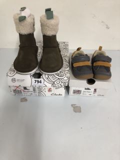 CLARKS TINY FAWN GREY CHILDREN'S SHOES - SIZE: 3 1/2 (603442) & CLARKS BANBROOK WARMK WALNUT SUEDE CHILDREN'S BOOTS - SIZE: 7 1/2 (638484)