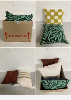 BOX OF CUSHIONS IN VARIOUS SIZES AND DESIGNS (CAGE NUMBER 704614)