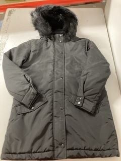 GIRLS FAUX FUR TRIM HOODED PARKA IN BLACK SIZE 12 YEARS