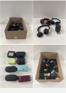 BOX OF HEADPHONES AND WIRELESS SPEAKERS