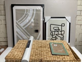 HOMEWARES TO INCLUDE FRAMED PRINTS AND A WICKER STORAGE BOX