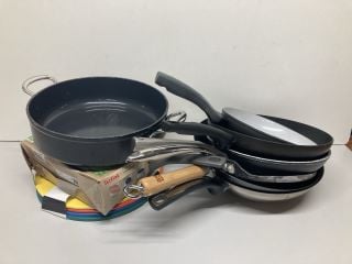 A COLLECTION OF VARIOUS FRYING PANS