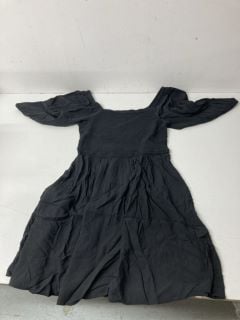 A BOX OF BLACK RUCHED DRESSES IN VARIOUS SIZES