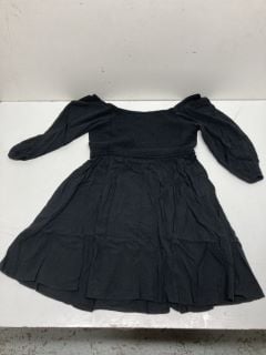 A BOX OF BLACK RUCHED DRESSES IN VARIOUS SIZES