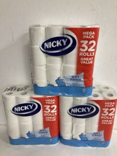 3 X NICKY 32 MEGA PACK TOILET ROLLS