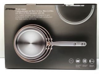 JOHN LEWIS TRI-PLY COPPER 3 PIECE SAUCEPAN SET