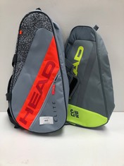 2 X HEAD RACKET BACKPACKS VARIOUS MODELS INCLUDING HEAD ELITE ORANGE AND GREY - LOCATION 47B.