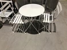 GARDEN SET COMPOSED OF TWO CHAIRS AND A ROUND TABLE IN WHITE COLOUR.