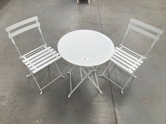 GARDEN SET COMPOSED OF TWO CHAIRS AND A ROUND TABLE IN WHITE COLOUR.