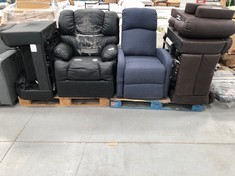 4 X ARMCHAIRS OF VARIOUS MODELS INCLUDING NALUI MASSAGE CHAIR (BROKEN AND INCOMPLETE).