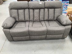 THREE SEATER MANUAL RECLINING SOFA IN GREY LEATHER FABRIC (BROKEN IN LOWER SIDE AREA).