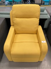 YELLOW MANUAL RECLINING ARMCHAIR WITH MISSING LEGS AND SIDE PIECE.