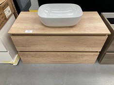 BATHROOM VANITY UNIT WITH TWO OAK-COLOURED DRAWERS (BROKEN CORNER) .