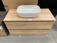 BATHROOM VANITY UNIT WITH WASHBASIN AND MIRROR WITH TWO OAK DRAWERS.