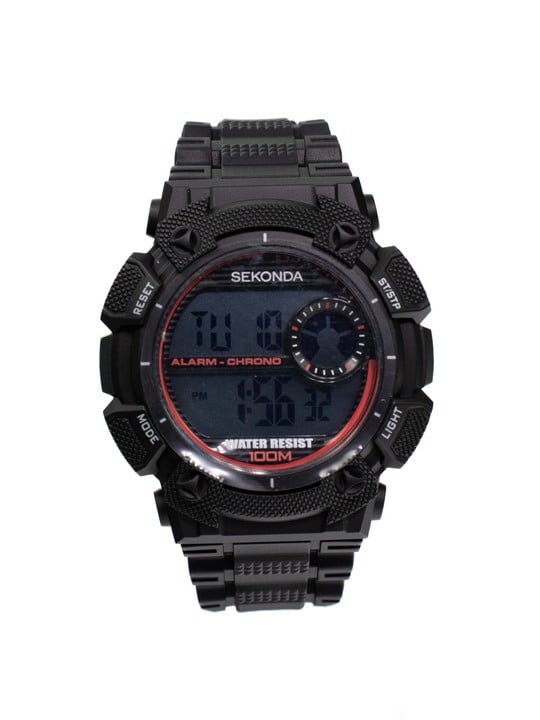 Sekonda Digital Watch, Model: 1676 DLW Stainless Steel Back Case and Black Plastic Strap. The functions of the watch include a backlight, dual-time, a calendar, a stopwatch, an alarm and water resist