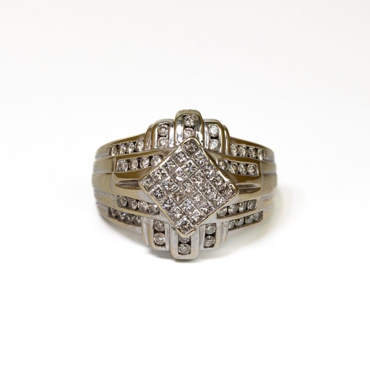 14ct White Gold 0.94ct Diamond Fancy Cluster Ring, Size M, 7.5g.  Auction Guide: £400-£500 (VAT Only Payable on Buyers Premium)