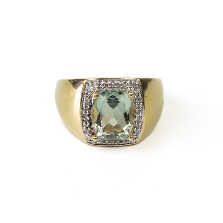 9ct Yellow Gold Green Stone with Diamond Pavé Square Halo Ring, Size P, 5.8g.  Auction Guide: £150-£200 (VAT Only Payable on Buyers Premium)