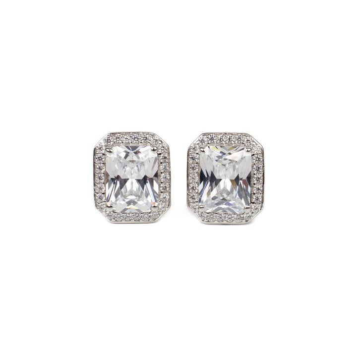 Silver Rectangular Clear Stone with Clear Stone Halo Stud Earrings, 1.3x1cm, 4.3g