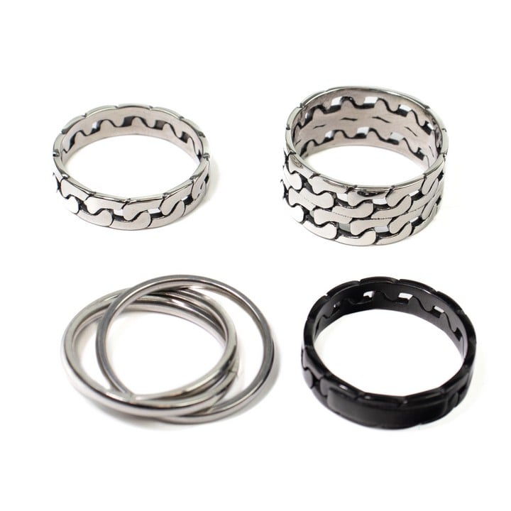 Selection of Metal Costume Jewellery Rings including Russian Wedding Band, Size Q, Flat Curb Ring, Size U, Black Flat Curb Ring, Size U and Double Flat Curb Ring, Size W (VAT Only Payable on Buyers P