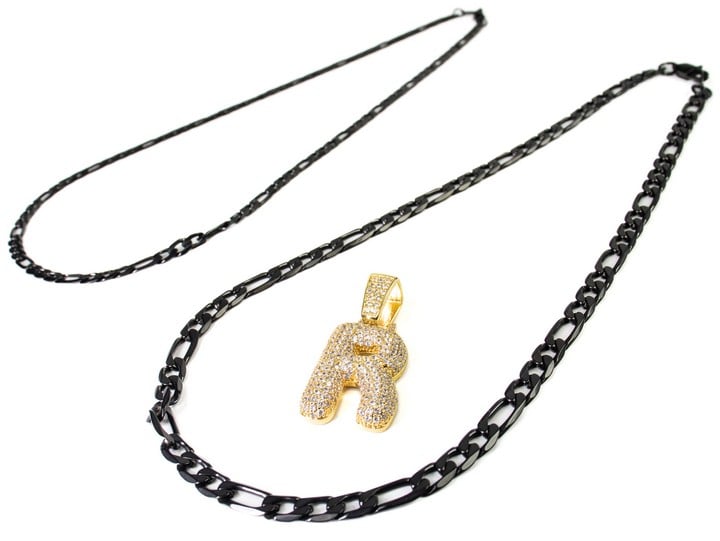 Black Metal Two Figaro Chains, 46cm, Gold Plated Metal Initial R Pendant with Clear Stone Pavé, 3.8x1.9cm (VAT Only Payable on Buyers Premium)