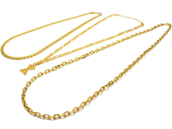 Metal Gold Plate Chains including Flat Curb Chain, 45cm, Belcher Chain, 60cm with Initial X Pendant, 2x1.5cm and Figaro Chain, 46cm (VAT Only Payable on Buyers Premium)