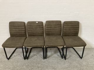 4 X OLIVE DRAB RIBBED VELVET LOUNGE CHAIRS WITH BLACK SWING BASE