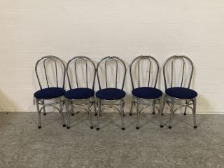 5 X CHROME FRAMED BLUE AND RED PATTERN FABRIC DINING CHAIRS