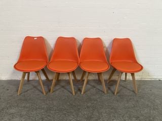 4 X ORANGE PLASTIC PADDED WOOD LEGGED CHAIRS