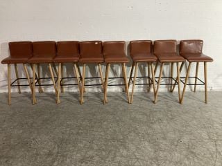 8 X DINING STOOLS IN PALOMA LEATHER WITH WOODEN LEGS AND STEEL SUPPORT BASE