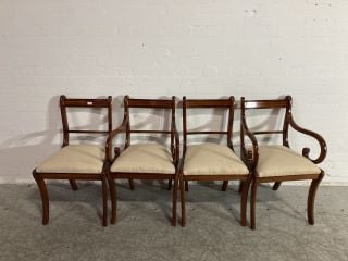 4 X ORNATE WOODEN FRAME LOUNGE CHAIRS WITH HONEY MAGNOLIA UPHOLSTERED FABRIC