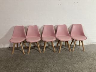 5 X LIGHT PINK PLASTIC PADDED CHAIRS WITH WOOD LEGS