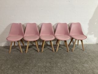 5 X LIGHT PINK PLASTIC PADDED CHAIRS WITH WOOD LEGS