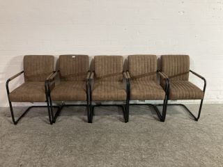 5 X PEANUT BROWN RIBBED FABRIC LOUNGE CHAIRS WITH POWDER COATED MATT BLACK FRAME & FABRIC WRAPPED ARMWRESTS