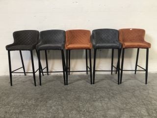 5 X ORANGE, GRAY AND DARK GREEN STICHED BAR STOOLS WITH BLACK METAL LEGS