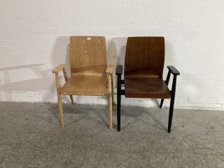 DARK STAINED WOOD CHAIR WITH BLACK FRAME AND OAK WOOD FRAMED CHAIR